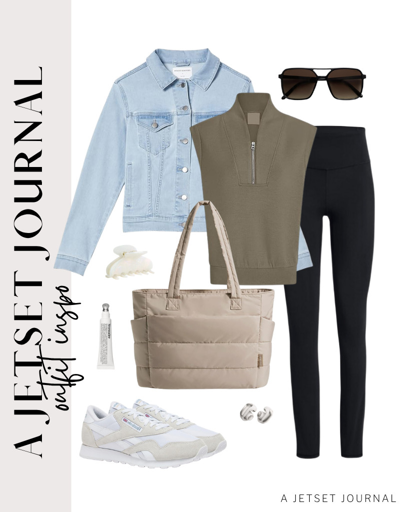 This olive green Glamaker sleeveless top and comfy leggings match this Amazon Essentials denim jacket, too! For this look, you can step into these Reebok sneakers and use a BAGSMART puffy tote bag. Finish this fit with Nécessaire lip balm and Bose earbuds. 

 #LTKSeasonal #LTKSaleAlert #LTKTravel