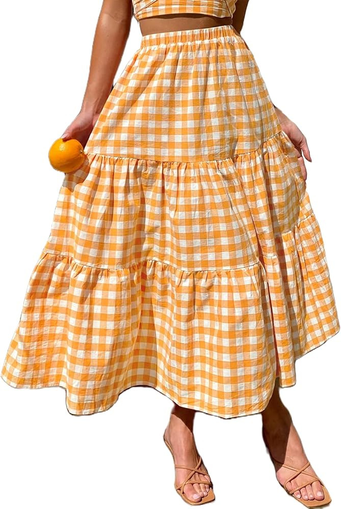 Y2k Women Gingham Tiered Maxi Skirts A Line Ruffle Plaid Midi Skirt Flowy Long Skirt Losse Summer... | Amazon (US)
