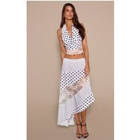White Contrast Polka Dot Lace Asymmetric Midi Skirt | PrettyLittleThing UK