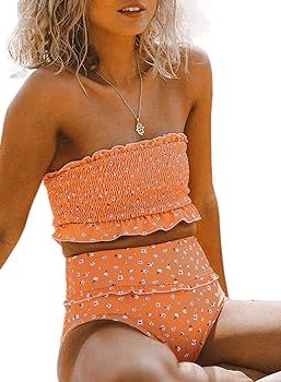 Dokotoo Women Cute High Waist Strapless Smocked Bikini Sets Swimsuit Bathing Suit | Amazon (US)