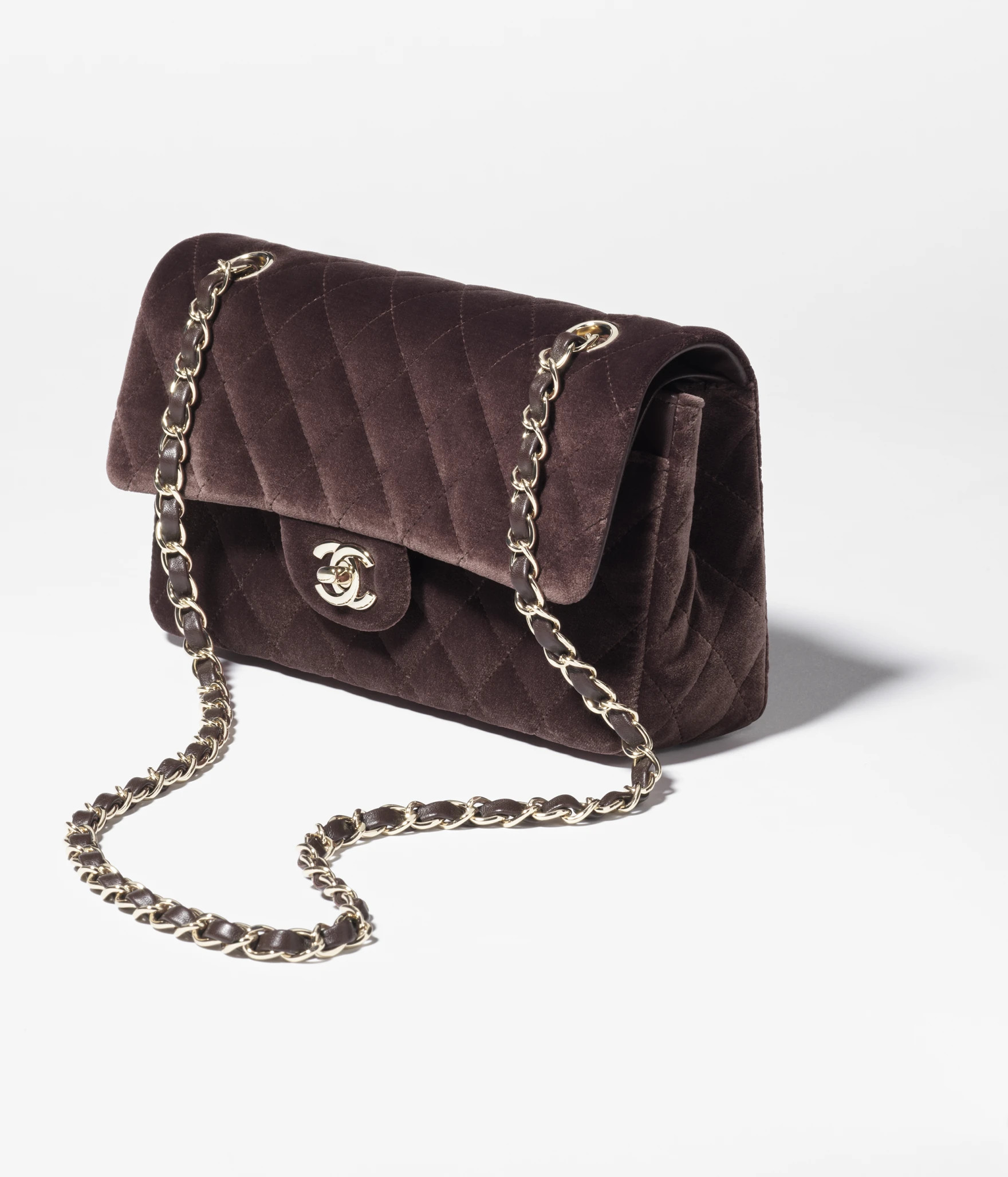Small classic handbag, Velvet & gold-tone metal, dark brown — Fashion | CHANEL | Chanel, Inc. (US)