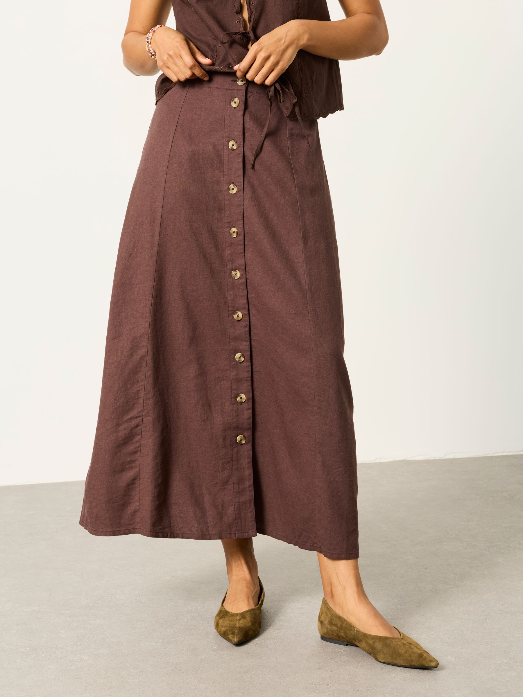 Issa Chocolate Brown Linen Midi Skirt | Fat Face