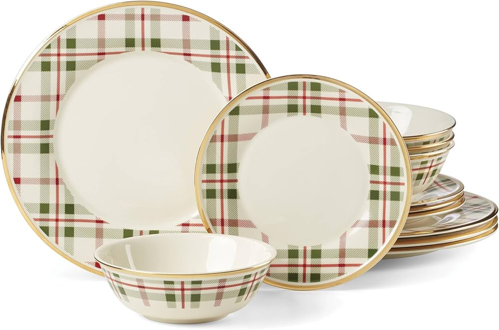 Lenox Holiday Plaid 12-Piece Dinnerware Set, 11.07, Red & Green | Amazon (US)
