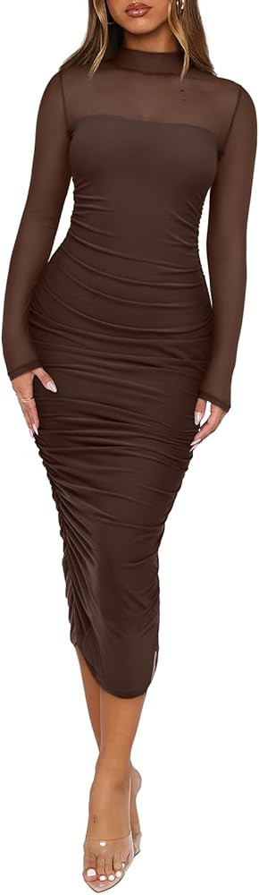 REORIA Women's Fall Mesh Long Sleeve Midi Ruched Bodycon Dress Mock Neck Elegant Club Evening Par... | Amazon (US)