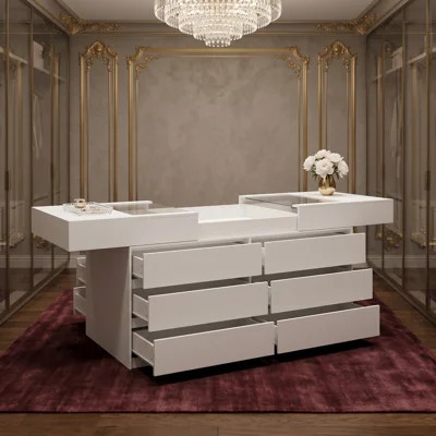 White Closet Island With 12 Drawers, Tempered Glass Display Top And Extendable Side Panels, Wardrobe Storage Island | Wayfair North America