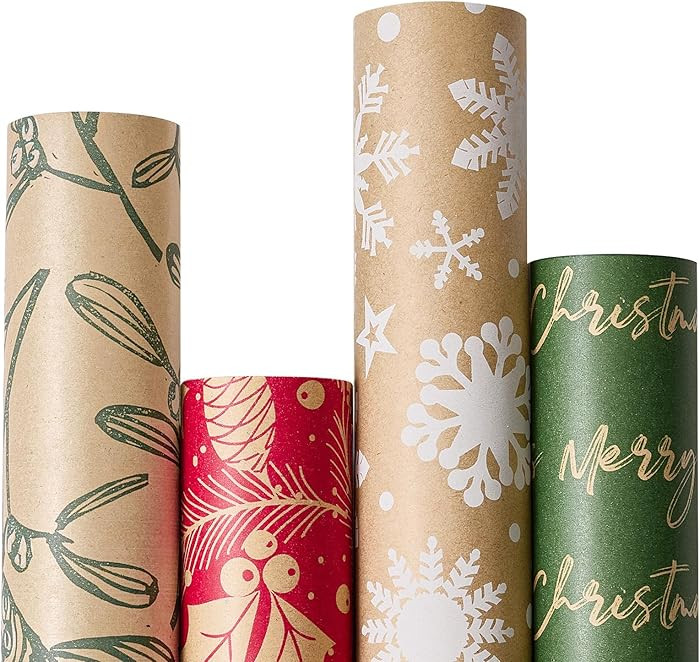 YANGTE Vintage Recyclable Christmas Wrapping Paper Rolls, Brown Kraft Wrapping Paper with Red and... | Amazon (US)