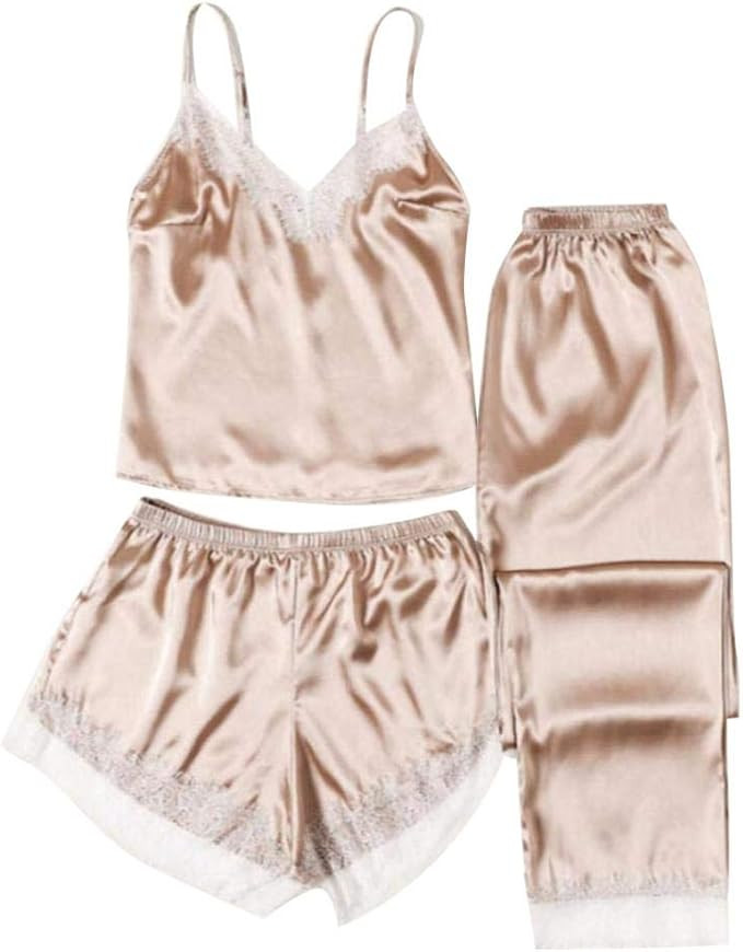 Women's Sexy 3 Pajama Set Lace with Satin Short and Pant 3 Pieces Sleepwear | Amazon (US)