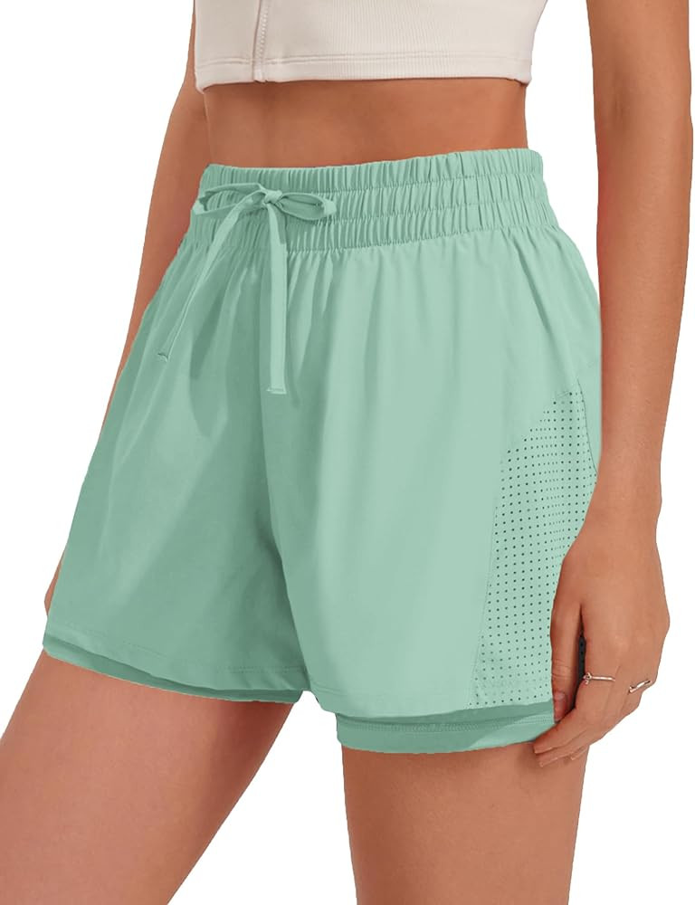 PINSPARK Athletic Shorts for Women 2 in 1 Workout Shorts High Waisted Running Shorts Gym Quick Dr... | Amazon (US)