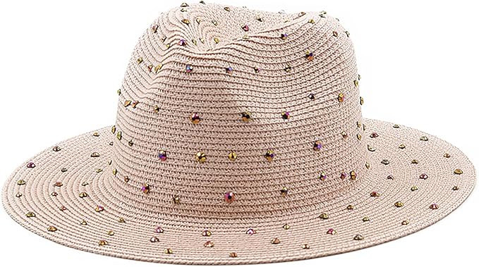 Womens Straw Beach Sun Hat Straw Hat Rhinestone Summer Wide Brim Hat for Women | Amazon (US)