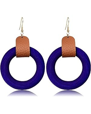 KaFu Handmade Bohemian Wooden Hollow Circle Round Dangle Drop Earrings for Women Lightweight Vint... | Amazon (US)