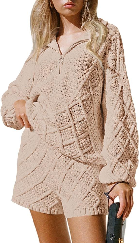 Pink Queen Women's 2023 Fall 2 Piece Outfits Sweater Set Half Zip Cable Knit Pullover Top and Sho... | Amazon (US)