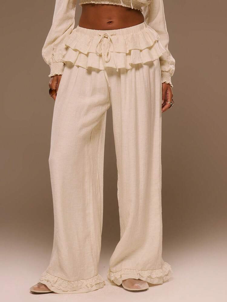 MUSERA Cheesecloth Mid Rise Ruffle Detail Tie Front Straight Leg Trousers Spring Summer Vacation ... | SHEIN