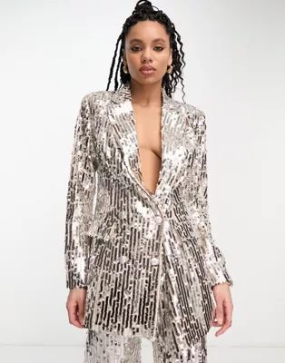 ASOS DESIGN sequin slim double breasted suit blazer in silver | ASOS (Global)