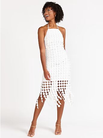 White Sleeveless High Neck Circle Fringe Dress - Just Me - New York & Company | New York & Company