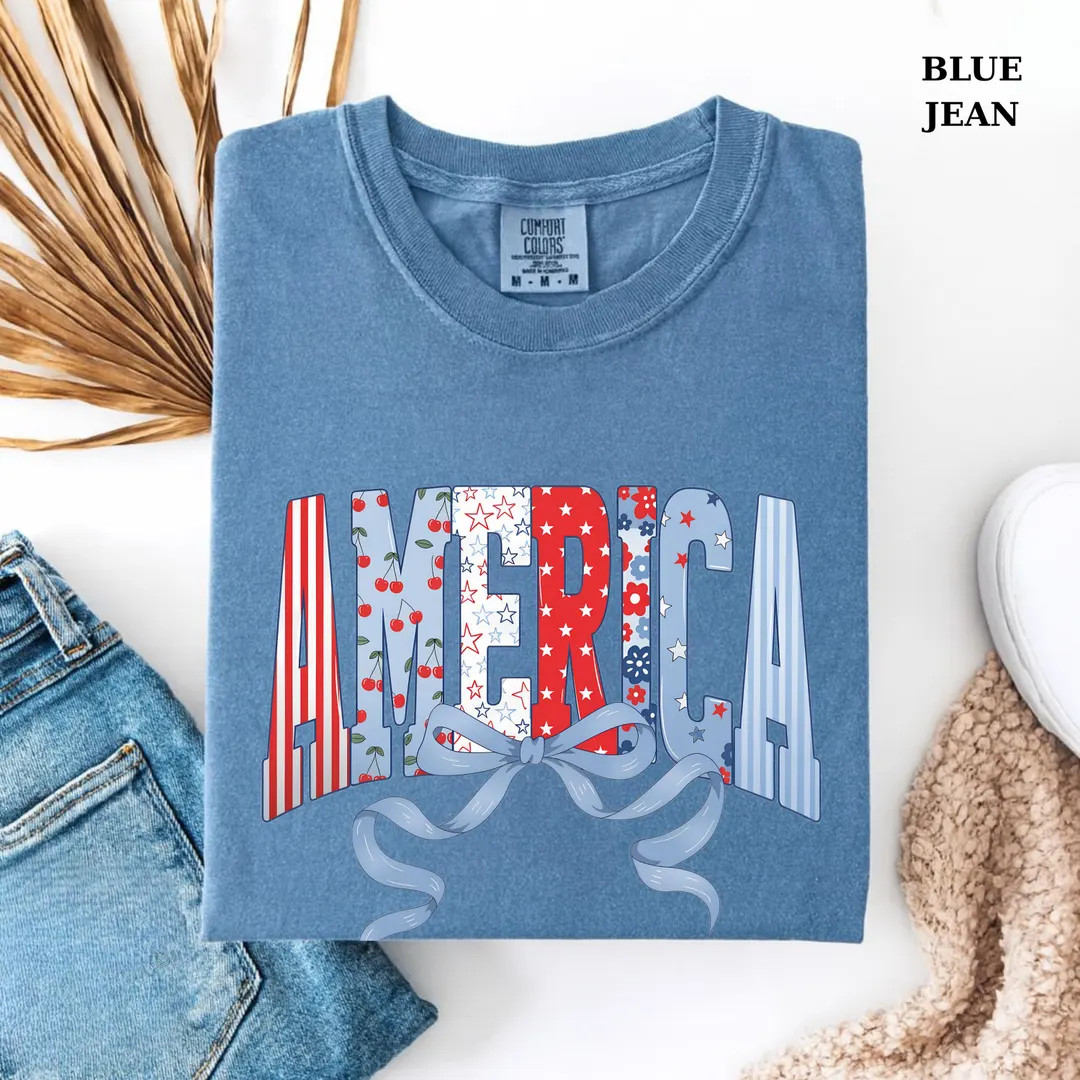 Comfort Colors® Americana Shirt, 4th of July Shirts Women, Patriotic Bow Tee | Etsy (US)
