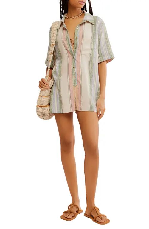 Free People Stripe Linen Blend Romper in Tea Combo at Nordstrom, Size X-Small | Nordstrom