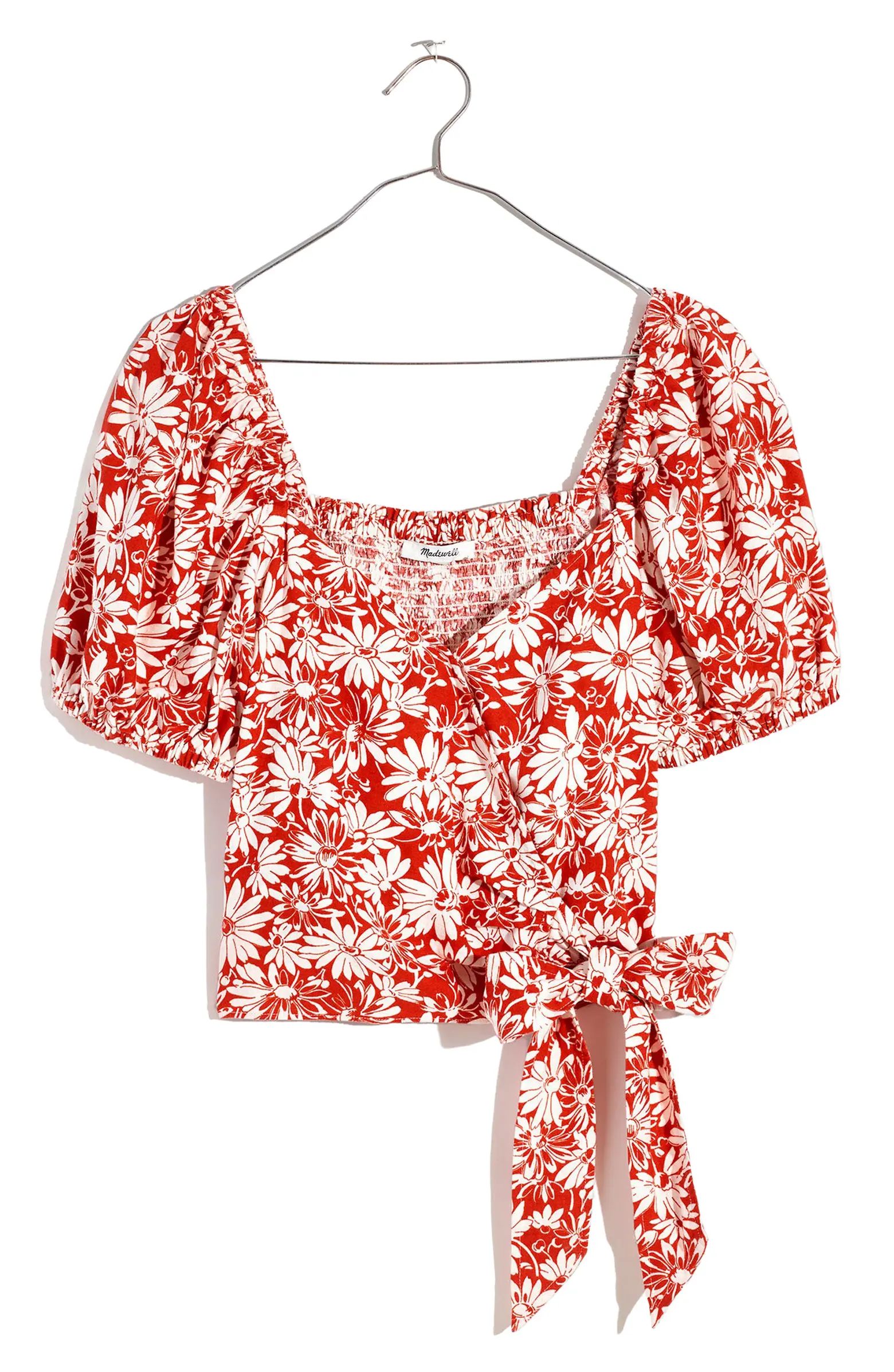 Abstract Floral Sweetheart Puff Sleeve Linen Blend Wrap Top | Nordstrom