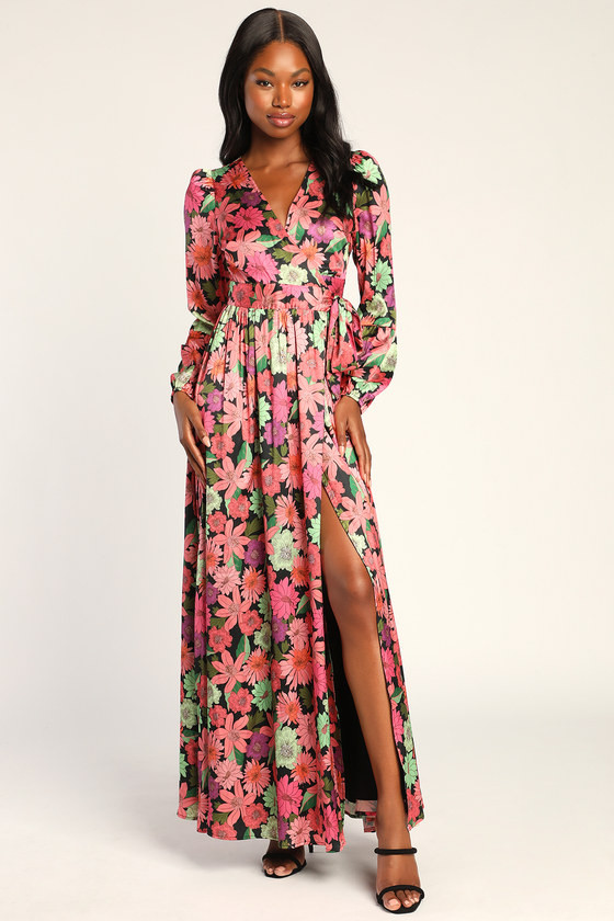 In the Groove Black Multi Floral Long Sleeve Wrap Maxi Dress | Lulus (US)