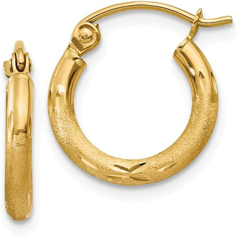 14k Yellow or White Gold Diamond Cut Hoop Earrings with Click-down Clasp, (2mm Tube) | Amazon (US)