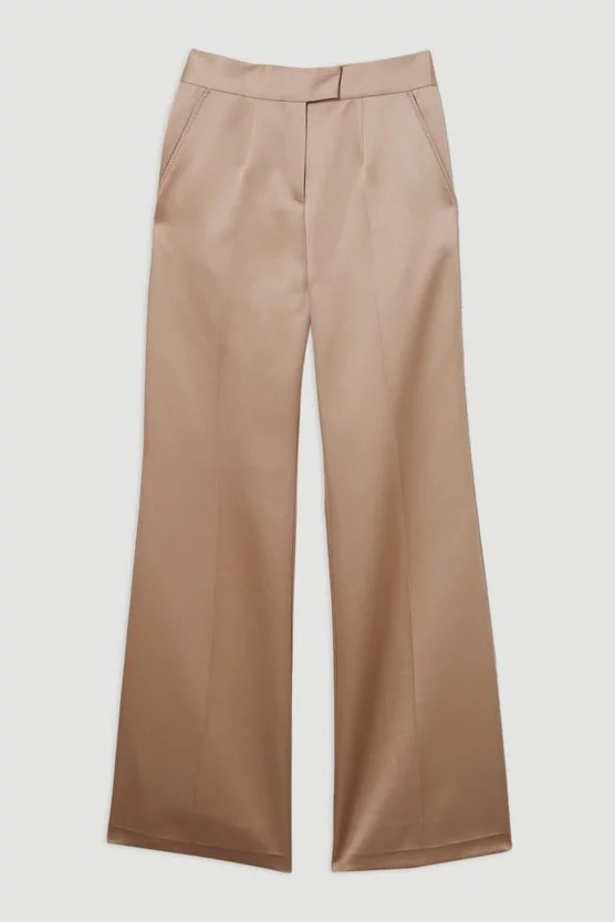 Structured Viscose Satin Stitch Detail Tailored Kickflare Trouser | Karen Millen | Karen Millen UK + IE + DE + NL
