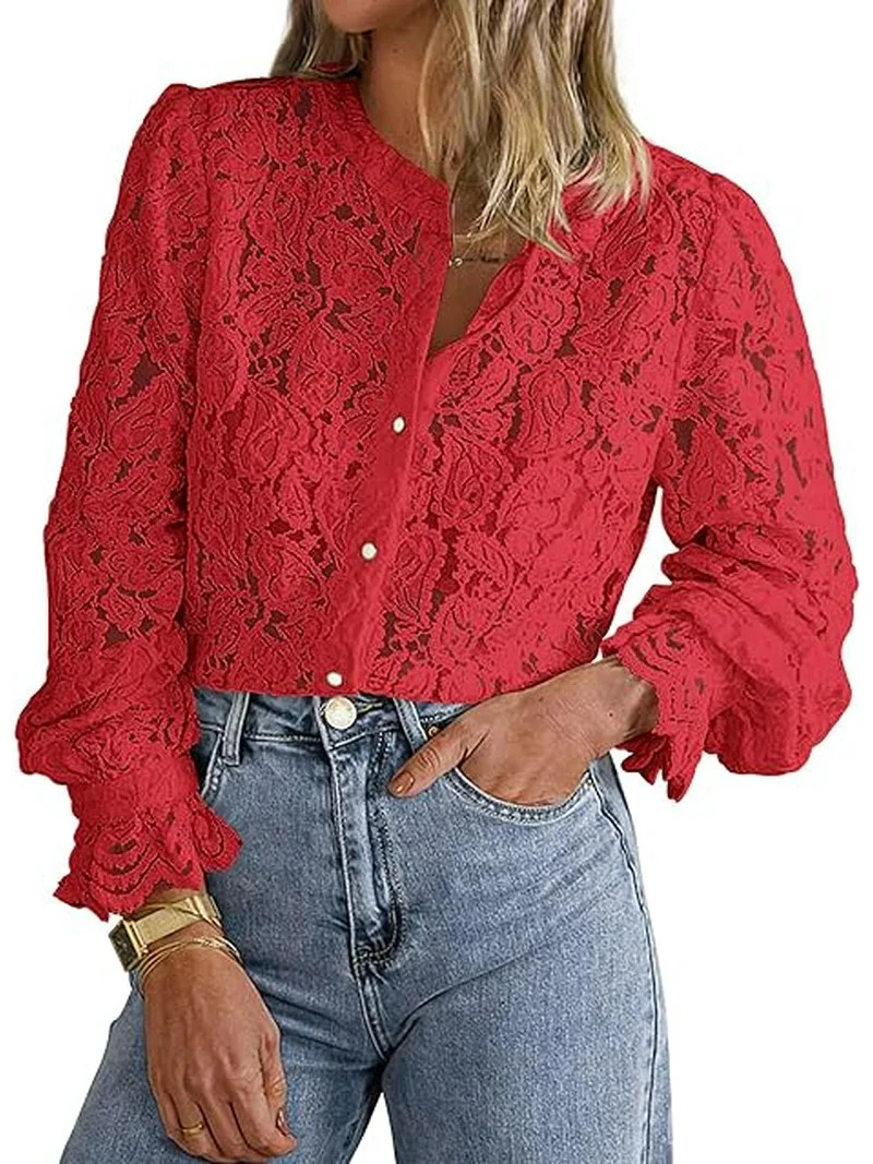 PRETTYGARDEN Women's Dressy Casual Lace Blouse Long Sleeve Button Up Shirts Tops Spring Fall Fash... | Walmart (US)