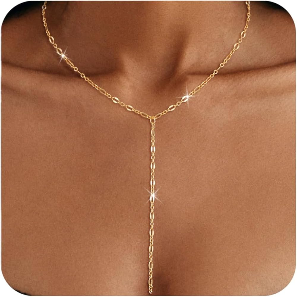 BERISO Y-Shape Gold Necklace for Women - 14K Gold Plated Minimalist Pendant Chain Jewelry, Elegan... | Amazon (US)