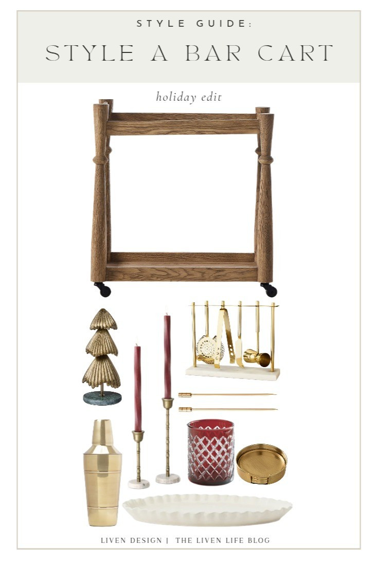 Holiday bar cart styling. How to guide. Holiday party. Home bar. Wood bar cart. Barware. Gift for cocktail lover. Cocktail picks. Brown wine glasses. Cocktail shaker. Cocktail glasses. Bar tray. Bar tools. Mixologist. Entertaining. Christmas party. Cocktail napkins. Christmas berry stems. Ceramic vase. 

#LTKHoliday #LTKSeasonal #LTKHome