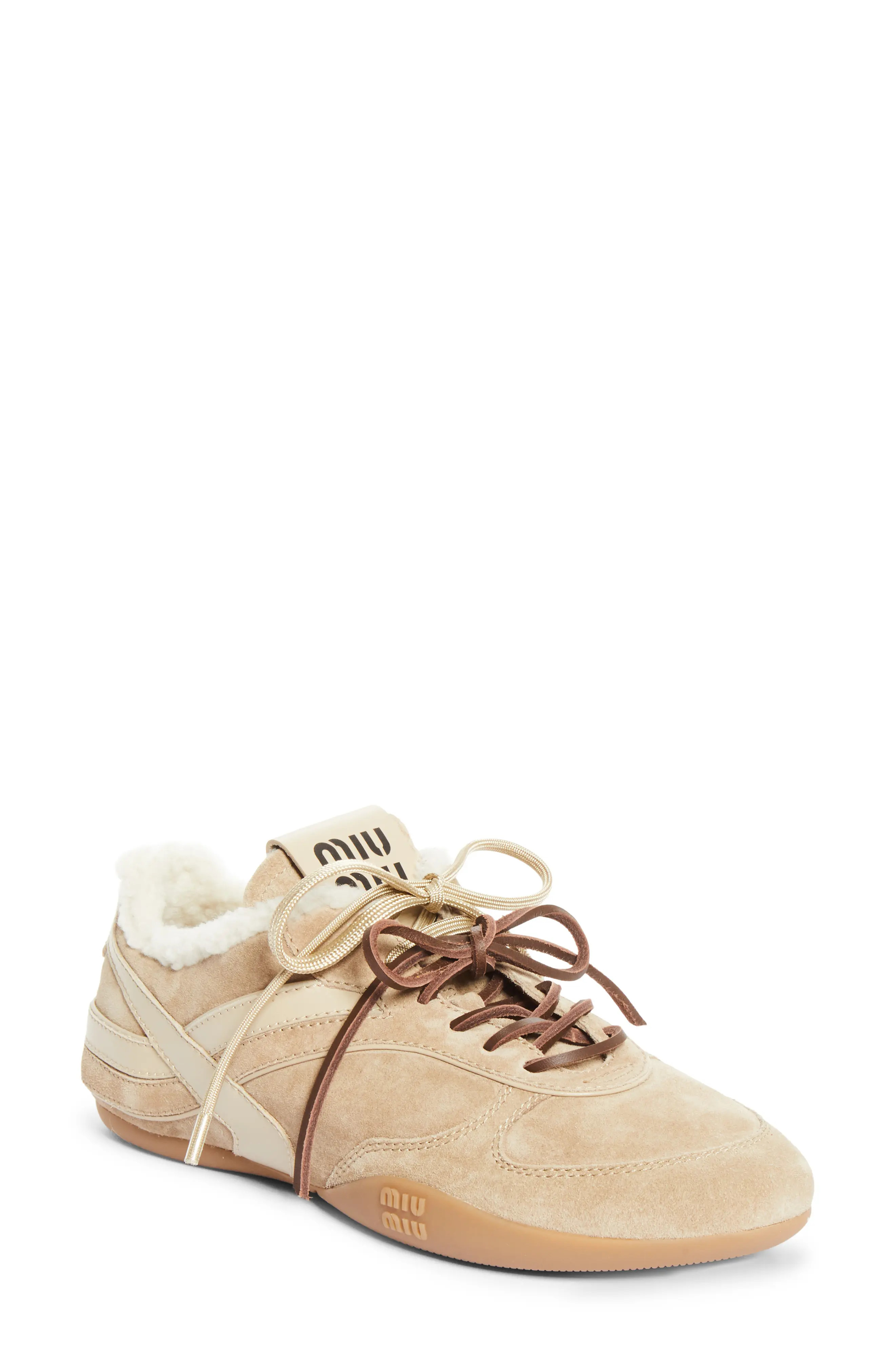 Miu Miu Gymnasium Genuine Shearling Lined Sneaker in Deserto at Nordstrom, Size 8.5Us | Nordstrom