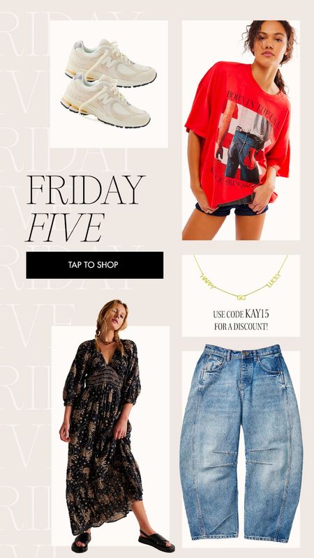 Friday five ❤️❤️ ordering this tee asap! Totally obsessed with it 🫶🏼 also cannot wait for my name necklace to arrive with both my babies names on it 🥹 use code KAY15 for the necklace! 

New balances, happy Friday, Friday faves, friday 5, urban outfitters, free people, the sis kiss 

#LTKSeasonal #LTKfindsunder100 #LTKshoecrush