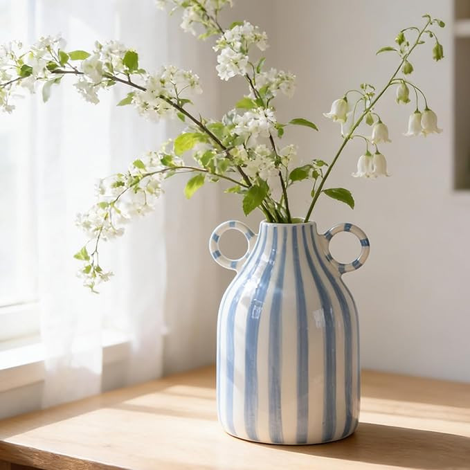 Ceramic Blue and White Striped Vase with Handle, Modern Minimalist Coastal Decor Home for Centerp... | Amazon (US)
