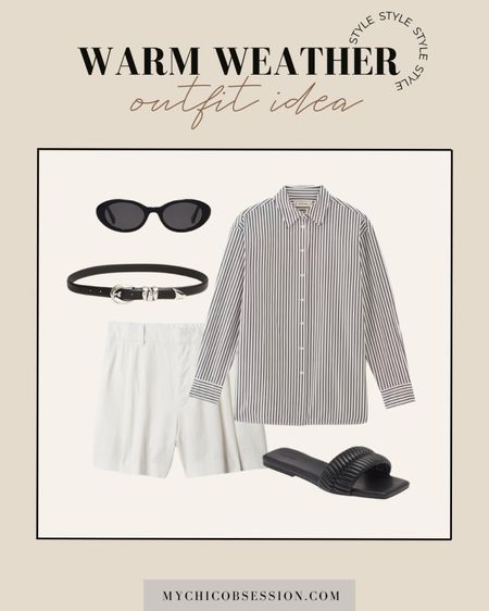 Warm weather is almost here to stay! Style this look with linen shorts, a black and white striped button down, a black belt with silver details, black woven sandals, and chic oval sunglasses.

#LTKstyletip #LTKSeasonal