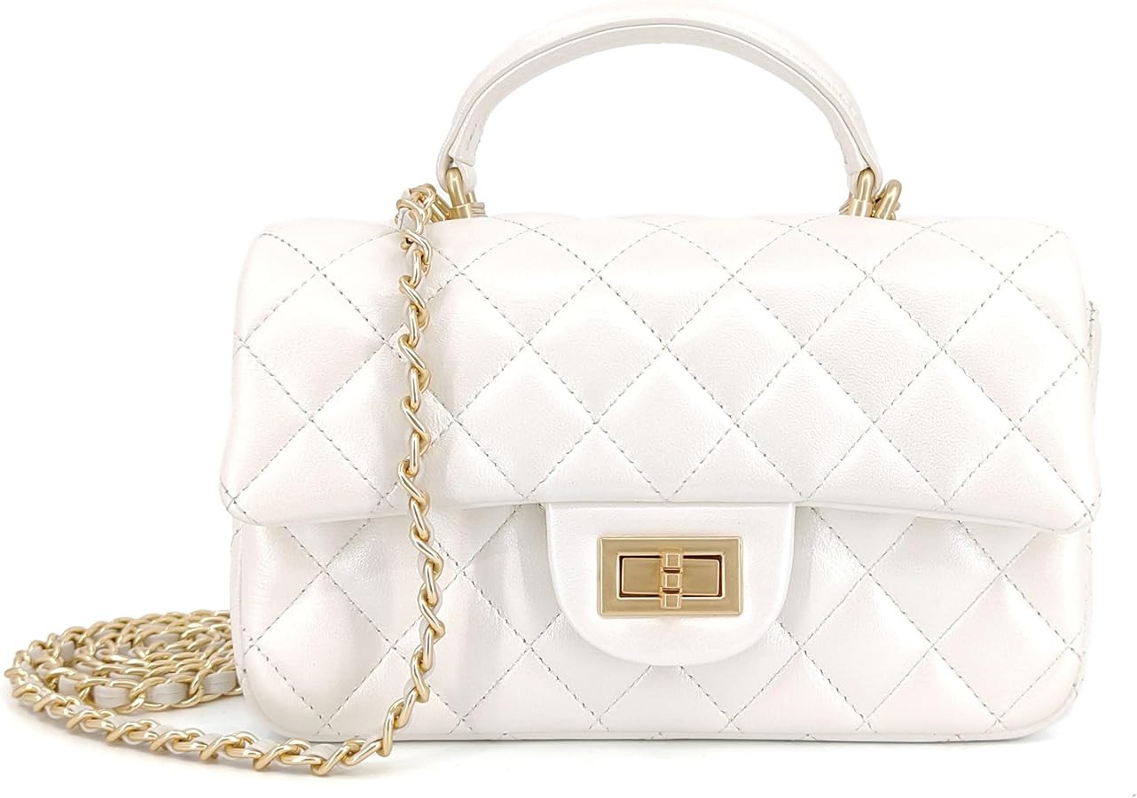 Small Quilted Crossbody Bags for Women, Genuine Leather Shoulder Bag w/Gold Chain Strap, Soft Min... | Amazon (US)