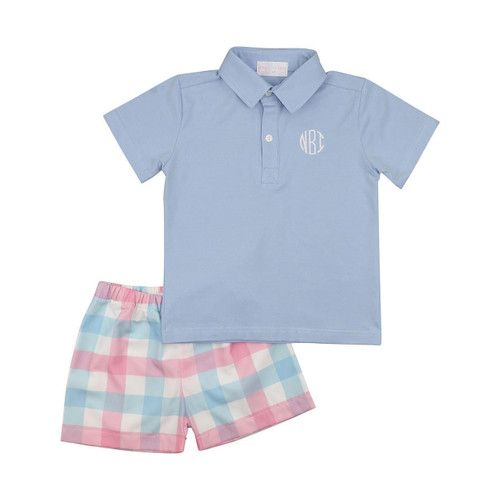 Pink And Blue Buffalo Check Polo Short Set | Cecil and Lou