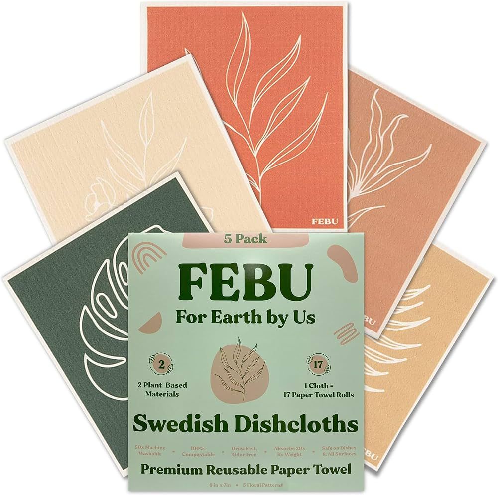 FEBU Swedish Dishcloths for Kitchen | 5 Pack Floral Swedish Dish Towels | Reusable Paper Towels W... | Amazon (US)