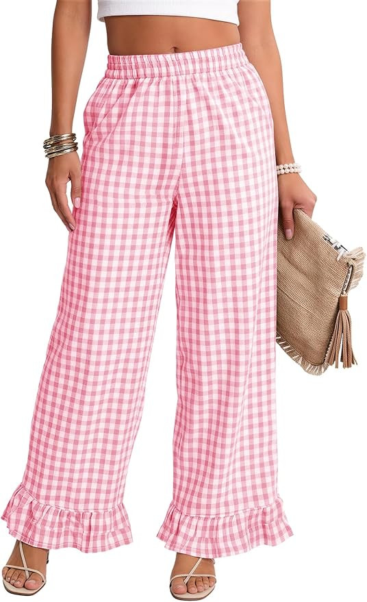 Flygo Women's Gingham Pants Y2K Cotton Wide Leg Ruffle Hem Lounge Pants Plaid Elastic Waisted Tro... | Amazon (US)
