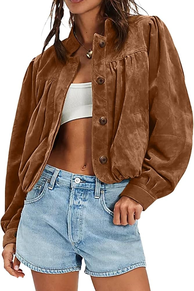 Women's Suede Cropped Pilot Jacket Puffed Sleeve Stand Up Collar Spring Autumn Button Coat Retro ... | Amazon (US)