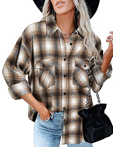 BTFBM Womens Plaid Jacket Long Sleeve Button Down Casual Flannel Shacket Shirts Loose Fall Spring Blouses Tops 2025(Plaid Brown, Large) | Amazon (US)
