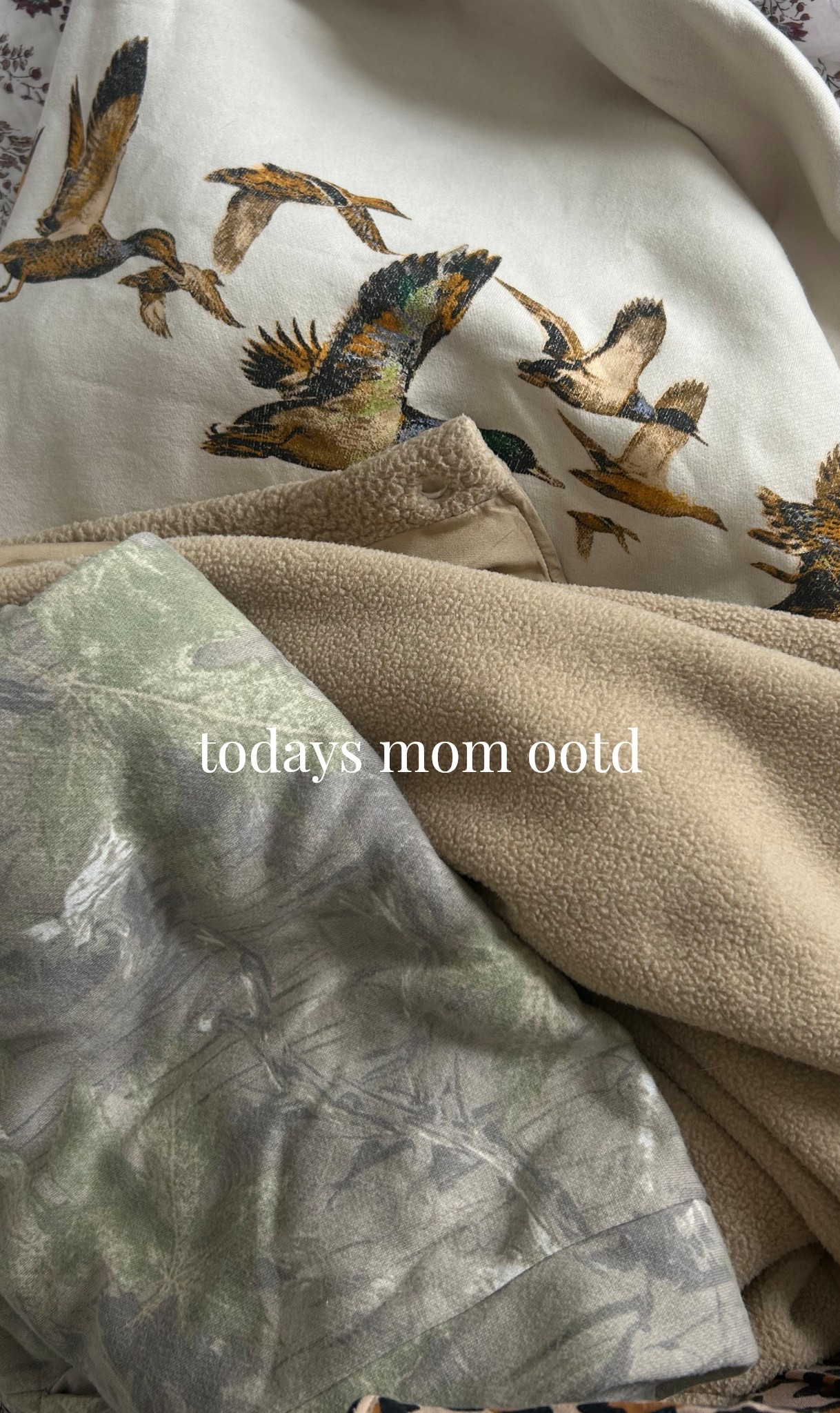 Mom ootd 
Camo sweatpants, Sherpa vest, Abercrombie duck sweatshirt 

#LTKootd #LTKmomlife #LTKgrwm