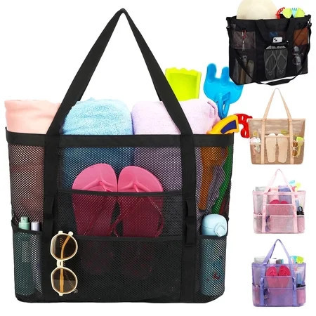 Large Foldable Mesh Beach Bag for Women & Girls,Sandproof Beach Tote Bag with Zipper Pocket,Mesh Swimming Bag,Toys Pool Bag for Family Beach Trip & Cruise Essentials,Black | Walmart (US)