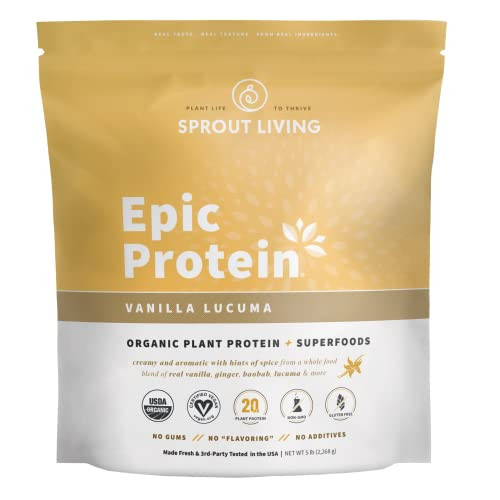 Sprout Living Epic Protein, Plant Based Protein & Superfoods Powder, Vanilla Lucuma Powder | 20 Grams Organic Protein Powder, Vegan, Non Dairy, Non-GMO, Gluten Free, Low Sugar (5 Pound, 60 Servings) | Amazon (US)