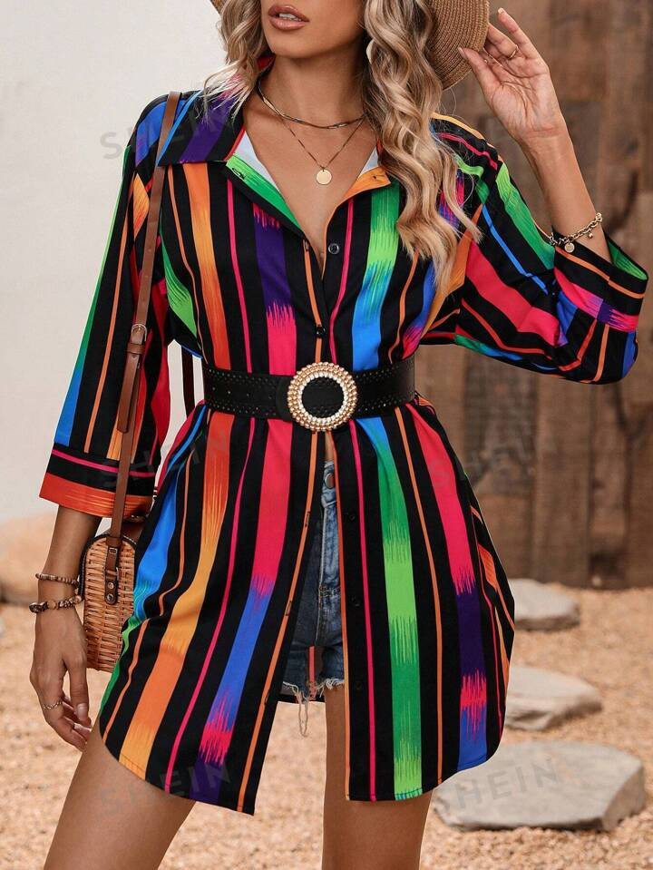 SHEIN LUNE Striped Print Button Front Shirt Without Belt | SHEIN