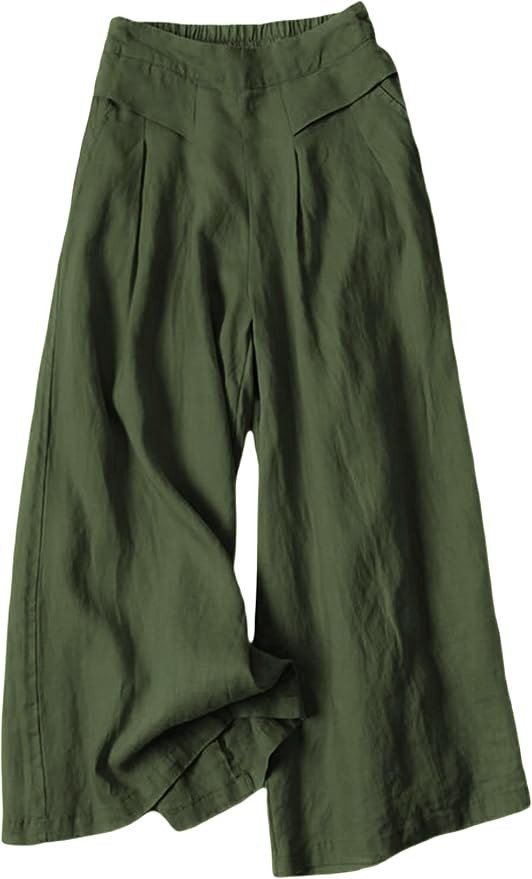Hooever Women's Cotton Linen Culottes Pants Elastic Waist Wide Leg Palazzo Trousers Capri Pant | Amazon (US)