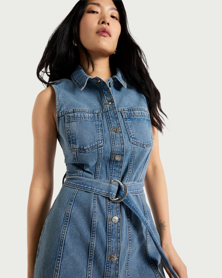 F&F Pure Cotton Sleeveless Belted Denim Dress in Blue | Tesco F&F