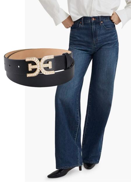 I adore this pearl embellished gold logo belt with high waisted jeans  

#LTKstyletip #LTKSeasonal #LTKfindsunder100