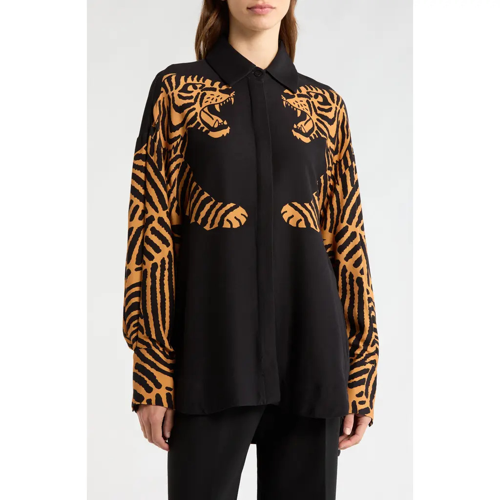 FARM Rio Tiger Button-Up Shirt in Black at Nordstrom, Size Medium | Nordstrom