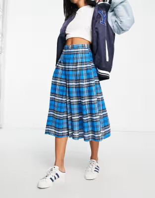 ASOS DESIGN pleated midi kilt skirt in blue check  | ASOS | ASOS (Global)