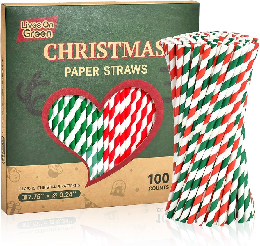Christmas Paper Straws Green Red Striped，7.75 inch, Biodegradable Disposable Holiday Drinking S... | Amazon (US)