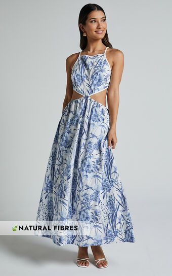 Maenerva Midi Dress - Sleeveless Straight Neck Cut Out Dress in Blue Floral | Showpo (US, UK & Europe)