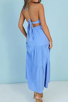 Women's Casual Halter Tiered Vacation Maxi Dress with Pockets | Amazon (US)