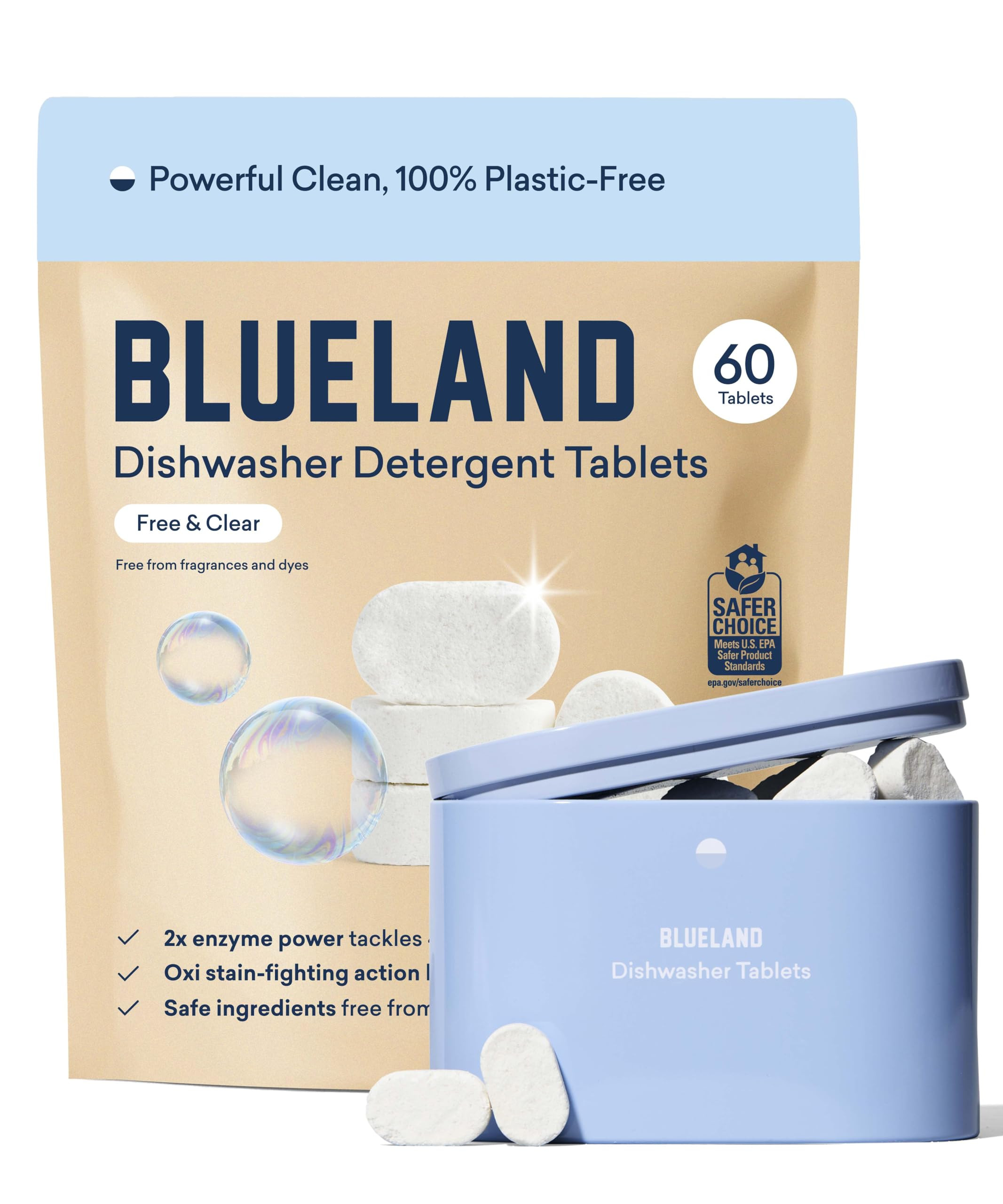 BLUELAND 100% Plastic-Free Dishwasher Detergent Tablets, Starter Set, 60 Count with tin, Free & C... | Amazon (US)